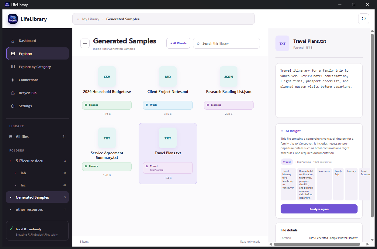 LifeLibrary Explorer with generated sample files and AI details